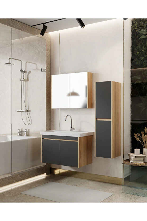 Dallas 80 Cm Lavabolu, Aynalı, Banyo Dolabı, Lavabo Dahil Boy Dolabı Dahil S.meşe-antrasit